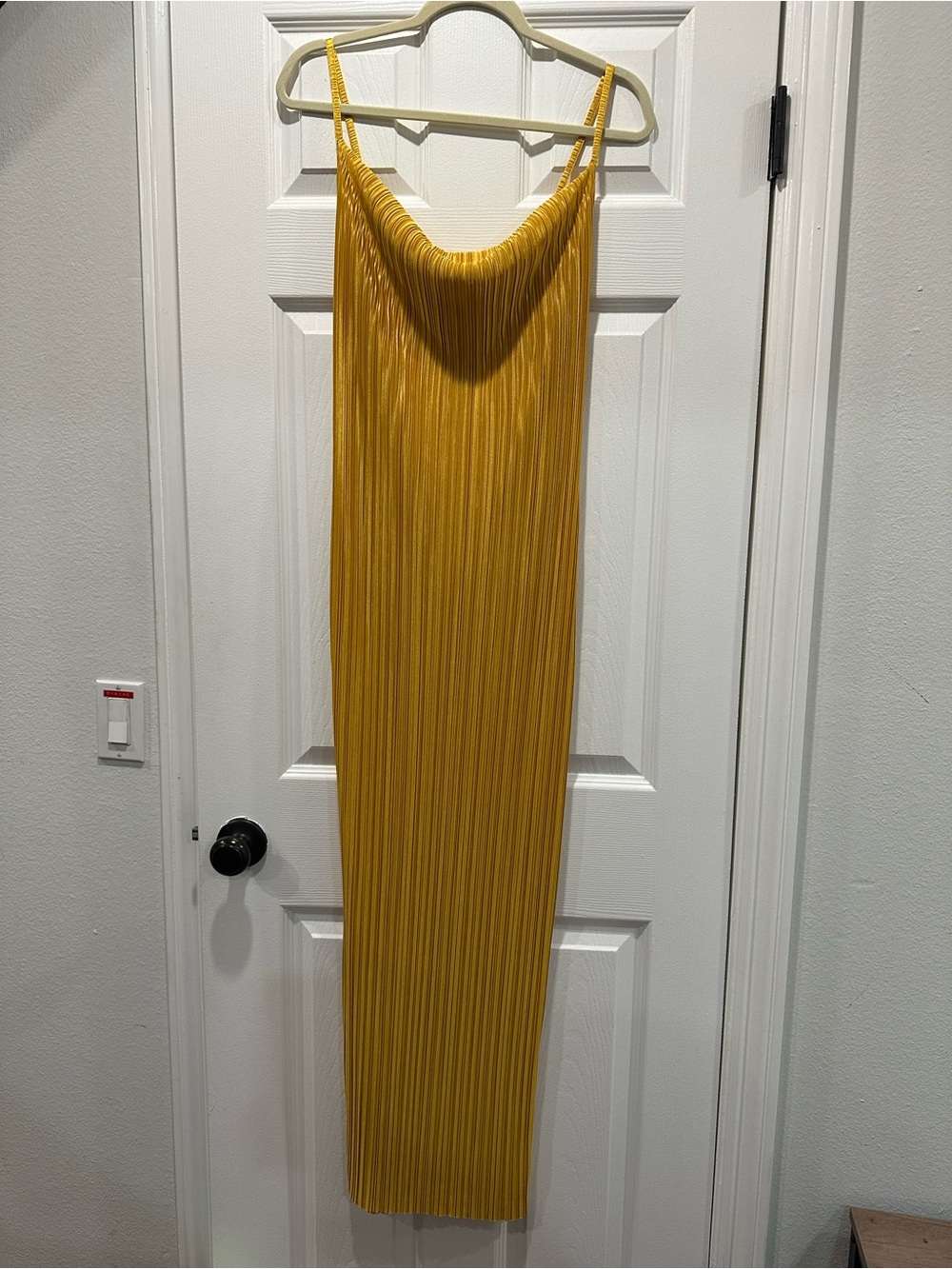 NWT - Boohoo Mustard Yellow Pleated Cowl Neck Plisse Maxi Dress